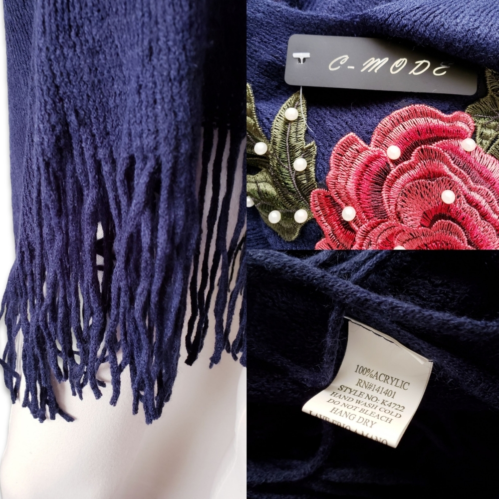 C-Mode Navy Blue Red Rose Embellished & Pearled Fringe Hem Poncho - Picture 6 of 8